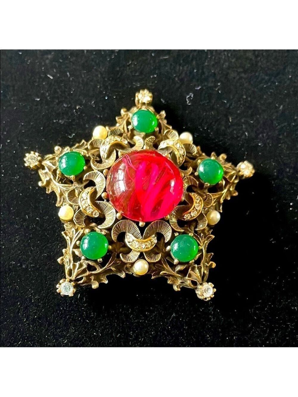 ART Nouveau Antique Pink & Green Jelly Belly Signed SA. Star Brooch Pendant